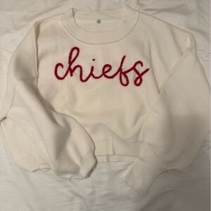 Cream Women's Crewneck Sweater with Red Script Detail